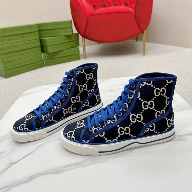 GUCCI 26S HIGH TOP SNEAKERS IN BLACK BLUE GG MONOGRAM CANVAS