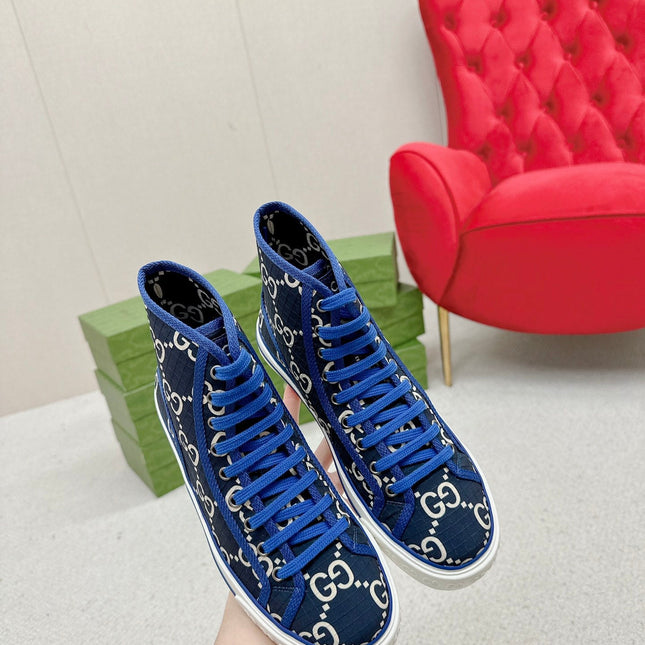GUCCI 26S HIGH TOP SNEAKERS IN BLACK BLUE GG MONOGRAM CANVAS