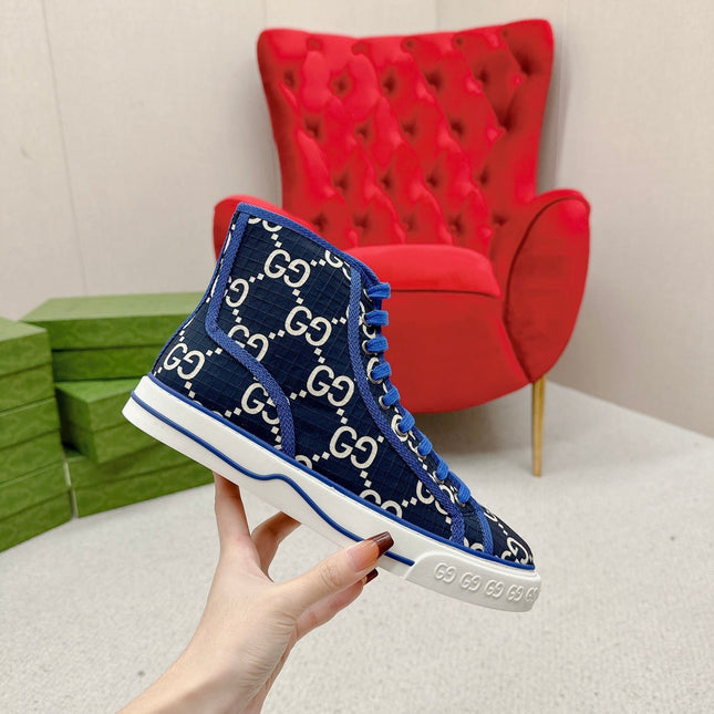 GUCCI 26S HIGH TOP SNEAKERS IN BLACK BLUE GG MONOGRAM CANVAS