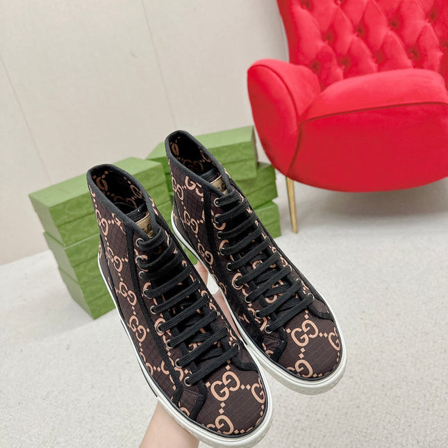 GUCCI 26S HIGH TOP SNEAKERS IN BROWN GG MONOGRAM CANVAS