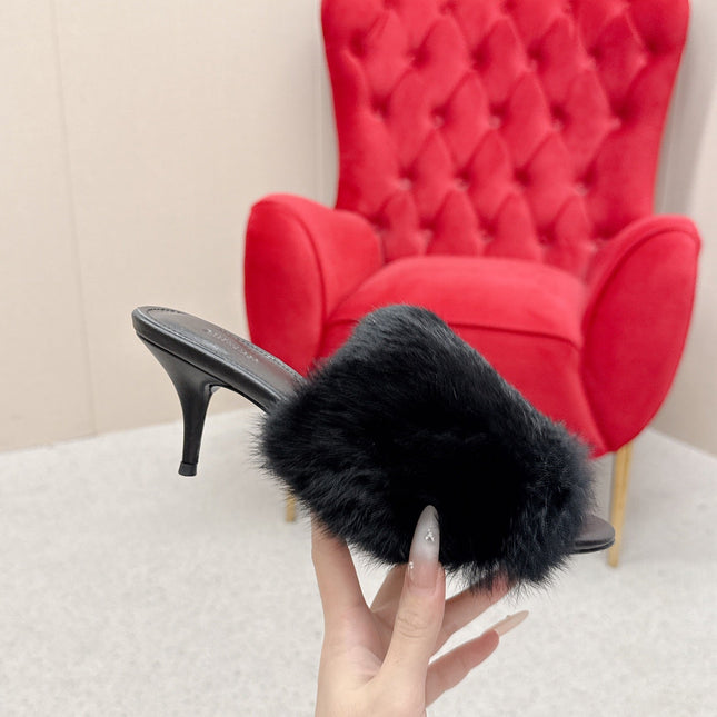 BALENCIAGA 25S HIGH HEEL SANDALS 65 MM IN BLACK LAMBSKIN AND FUR