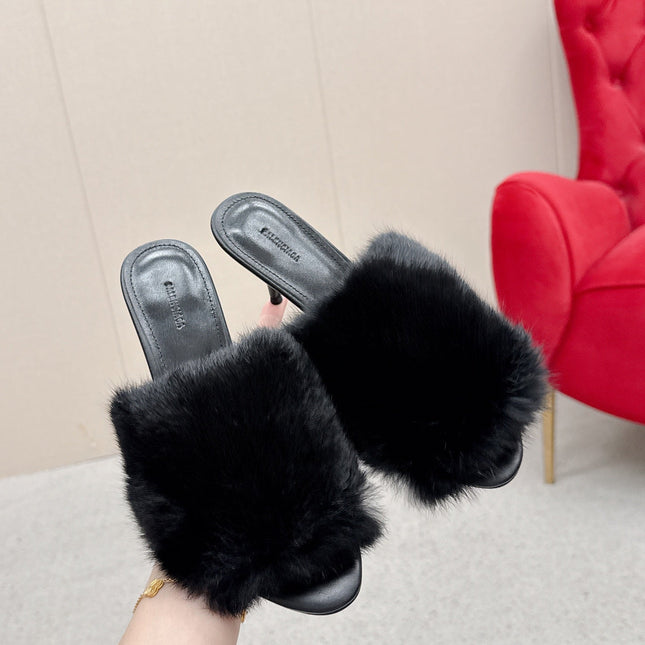 BALENCIAGA 25S HIGH HEEL SANDALS 65 MM IN BLACK LAMBSKIN AND FUR