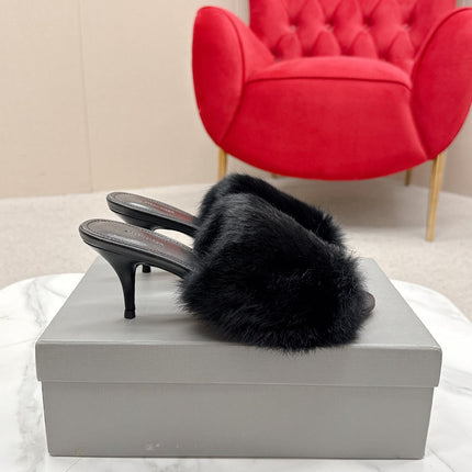 BALENCIAGA 25S HIGH HEEL SANDALS 65 MM IN BLACK LAMBSKIN AND FUR