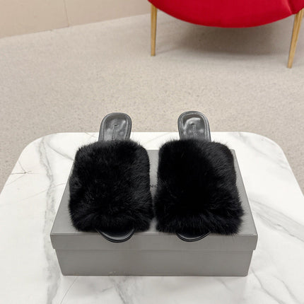 BALENCIAGA 25S HIGH HEEL SANDALS 65 MM IN BLACK LAMBSKIN AND FUR