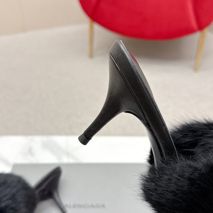 BALENCIAGA 25S HIGH HEEL SANDALS 65 MM IN BLACK LAMBSKIN AND FUR