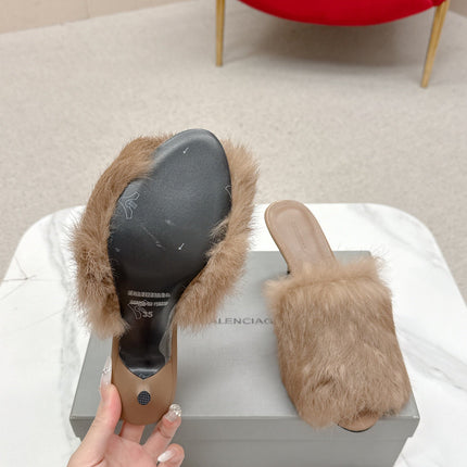 BALENCIAGA 25S HIGH HEEL SANDALS 65 MM IN LIGHT BROWN LAMBSKIN AND FUR