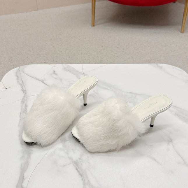 BALENCIAGA 25S HIGH HEEL SANDALS 65 MM IN WHITE LAMBSKIN AND FUR