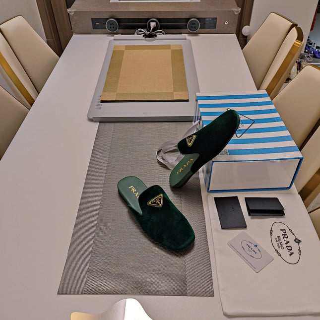 PRADA 26S SQUARE TOE SLIPPERS IN DARK GREEN VELVET