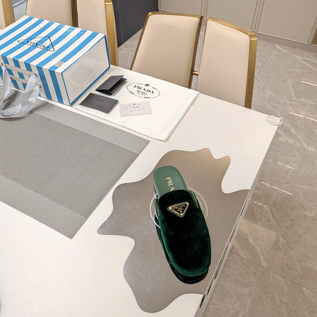 PRADA 26S SQUARE TOE SLIPPERS IN DARK GREEN VELVET