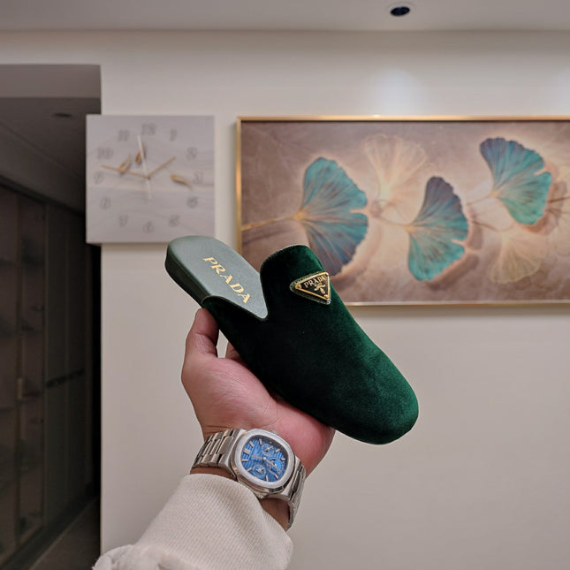 PRADA 26S SQUARE TOE SLIPPERS IN DARK GREEN VELVET