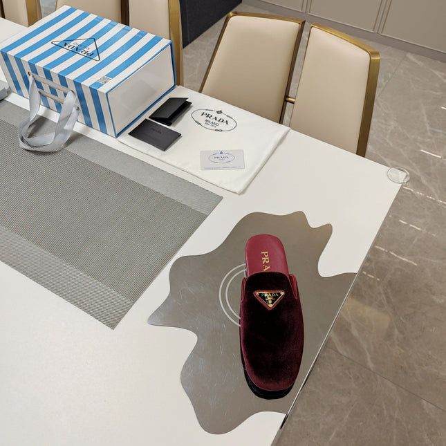 PRADA 26S SQUARE TOE SLIPPERS IN BURGUNDY RED VELVET