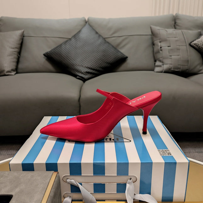 PRADA 26S HIGH-HEELED MULES 85MM IN DARK RED SATIN