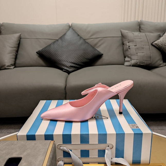 PRADA 26S HIGH-HEELED MULES 85MM IN LIGHT PINK SATIN