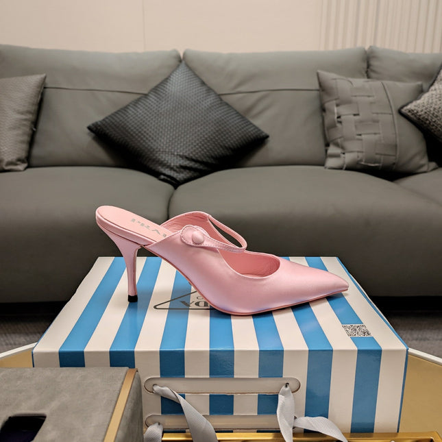 PRADA 26S HIGH-HEELED MULES 85MM IN LIGHT PINK SATIN