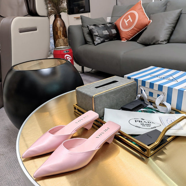PRADA 26S POINTED TOE MULES 40MM IN LIGHT PINK SATIN