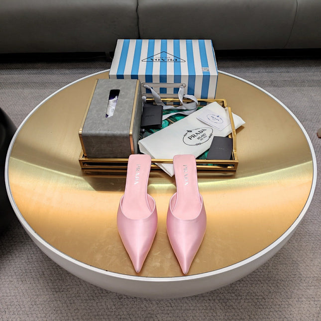 PRADA 26S POINTED TOE MULES 40MM IN LIGHT PINK SATIN