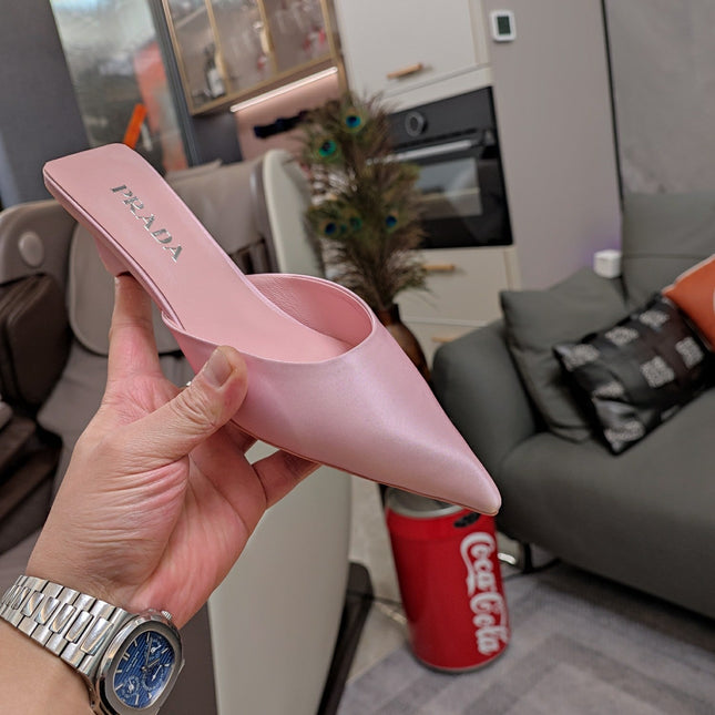PRADA 26S POINTED TOE MULES 40MM IN LIGHT PINK SATIN