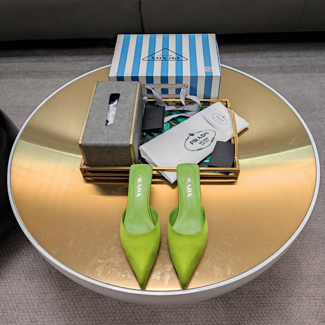 PRADA 26S POINTED TOE MULES 40MM IN GREEN SATIN