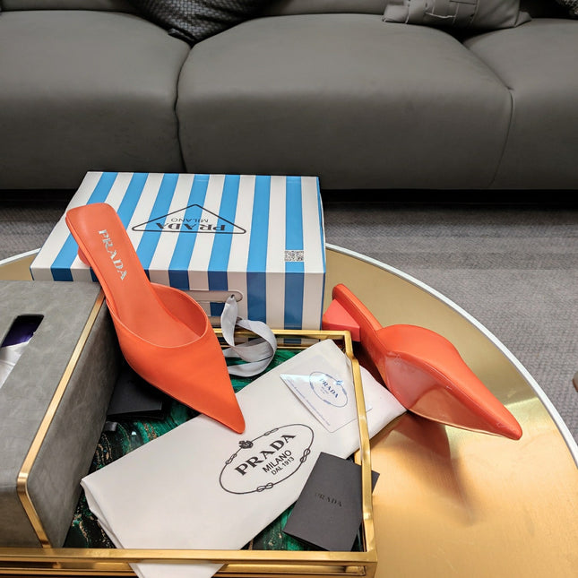 PRADA 26S POINTED TOE MULES 40MM IN ORANGE SATIN
