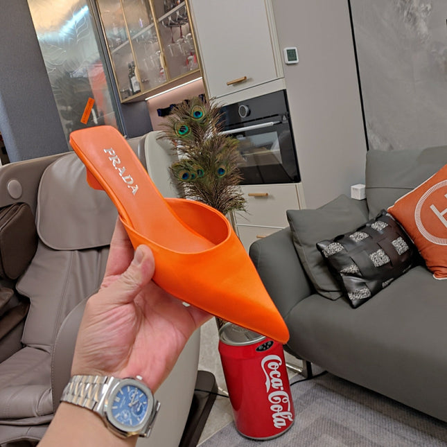 PRADA 26S POINTED TOE MULES 40MM IN ORANGE SATIN