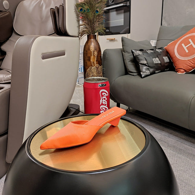 PRADA 26S POINTED TOE MULES 40MM IN ORANGE SATIN