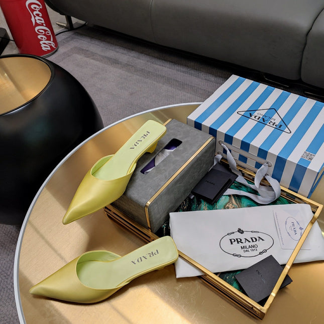 PRADA 26S POINTED TOE MULES 40MM IN LIME YELLOW SATIN
