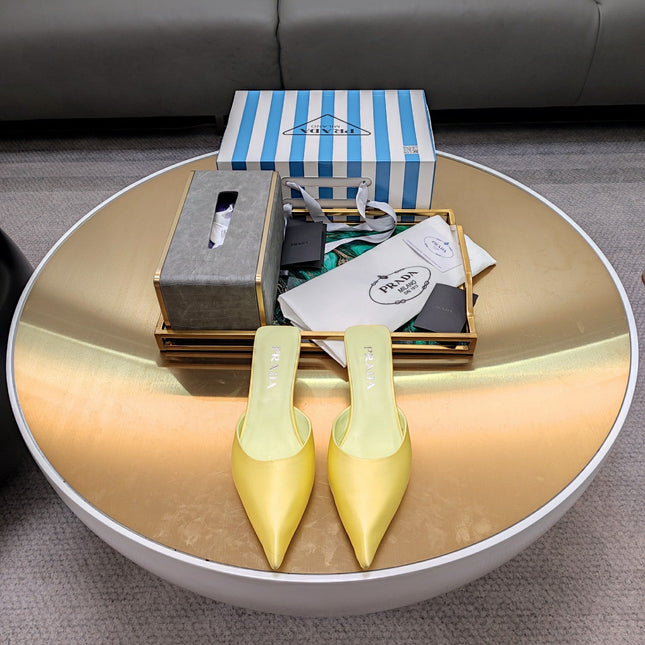 PRADA 26S POINTED TOE MULES 40MM IN LIME YELLOW SATIN