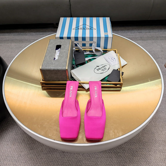 PRADA 26S SQUARE TOE MULES 40MM IN HOT PINK SATIN