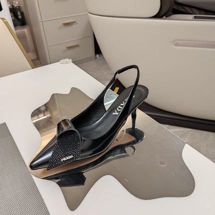 PRADA 26S POINTED TOE SLINGBACK PUMPS 50MM IN BLACK SMOOTH CALFSKIN WITH CRYSTAL