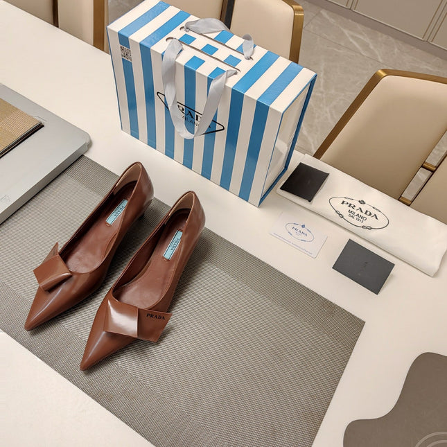 PRADA 26S POINTED TOE PUMPS 45MM IN CARAMEL BROWN CALFSKIN