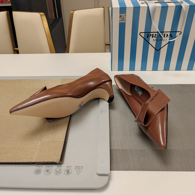 PRADA 26S POINTED TOE PUMPS 45MM IN CARAMEL BROWN CALFSKIN