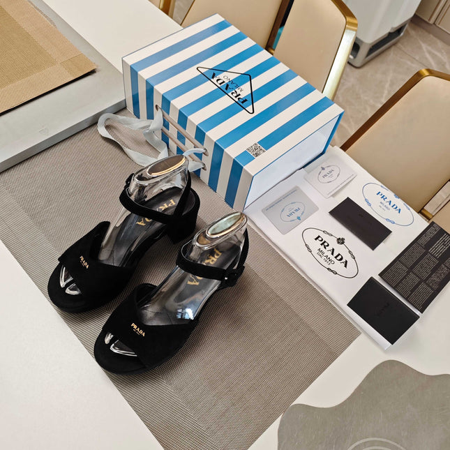 PRADA 26S HEELED SANDALS 65MM IN BLACK SUEDE