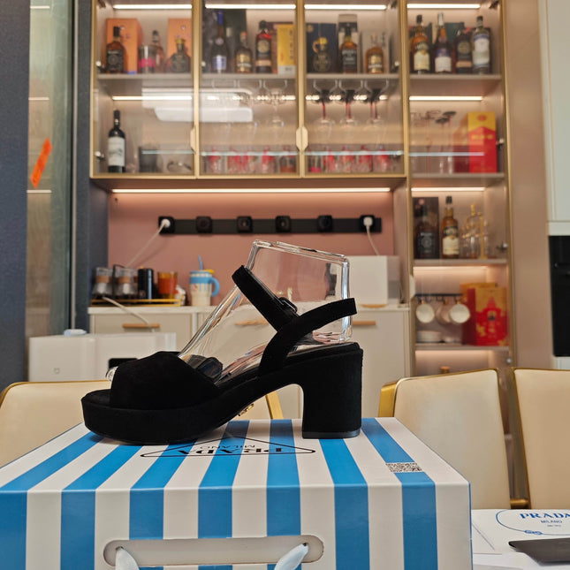 PRADA 26S HEELED SANDALS 65MM IN BLACK SUEDE