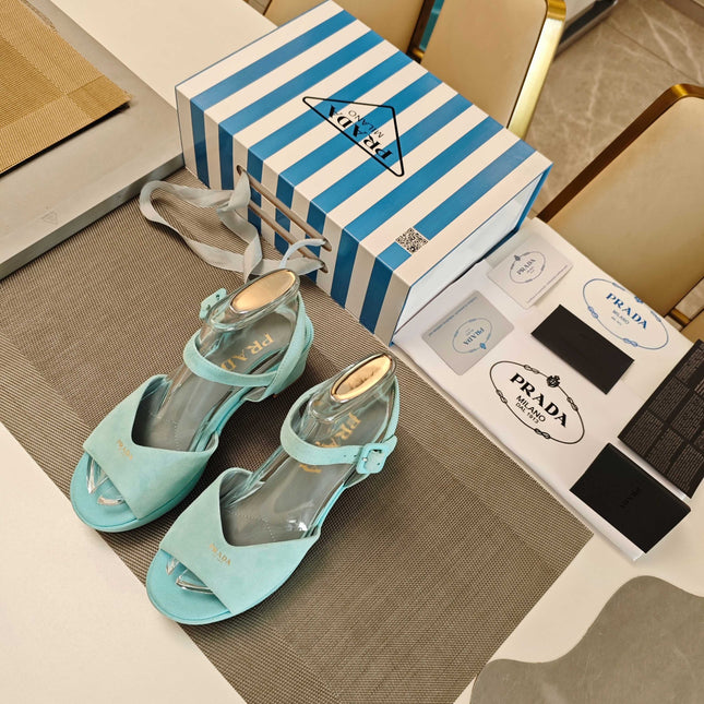 PRADA 26S HEELED SANDALS 65MM IN DUSTY TEAL BLUE SUEDE