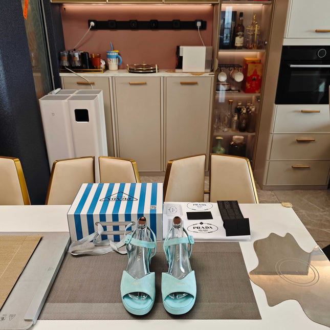 PRADA 26S HEELED SANDALS 65MM IN DUSTY TEAL BLUE SUEDE
