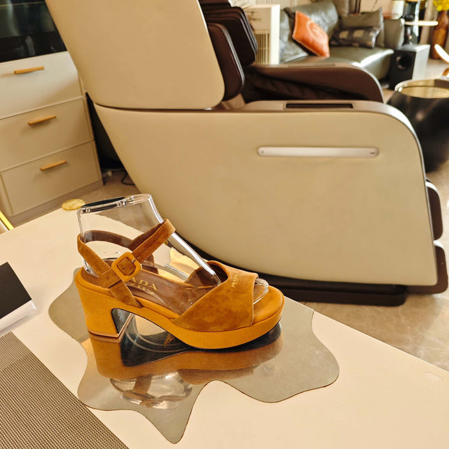 PRADA 26S HEELED SANDALS 65MM IN CARAMEL BROWN SUEDE