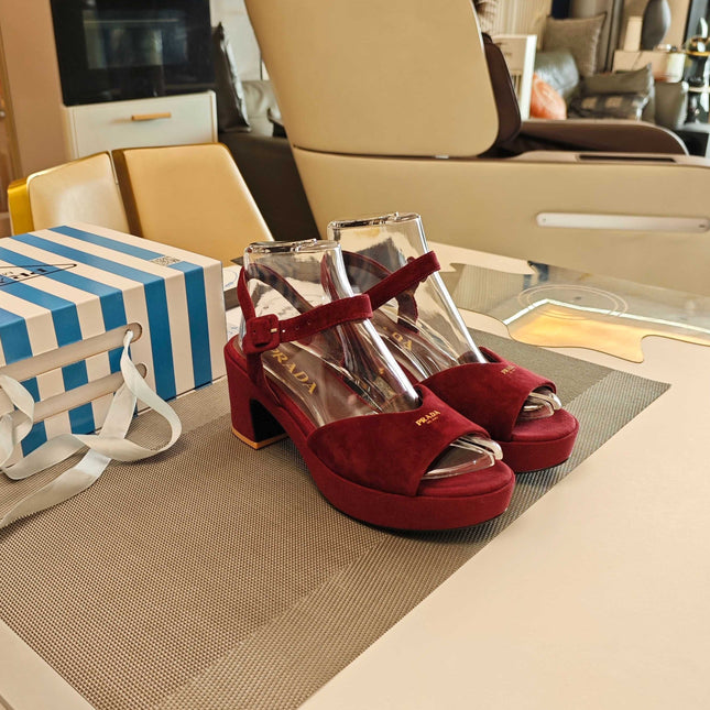 PRADA 26S HEELED SANDALS 65MM IN BURGUNDY RED SUEDE