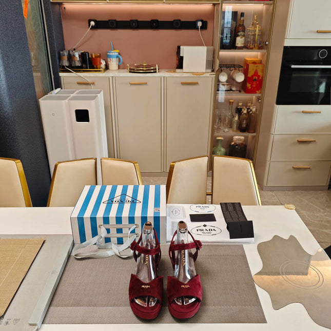 PRADA 26S HEELED SANDALS 65MM IN BURGUNDY RED SUEDE