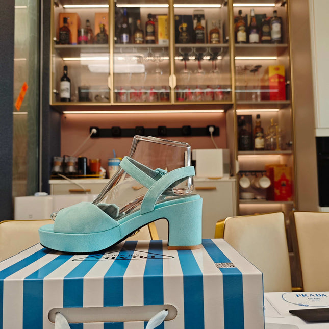 PRADA 26S HEELED SANDALS 65MM IN DUSTY TEAL BLUE SUEDE