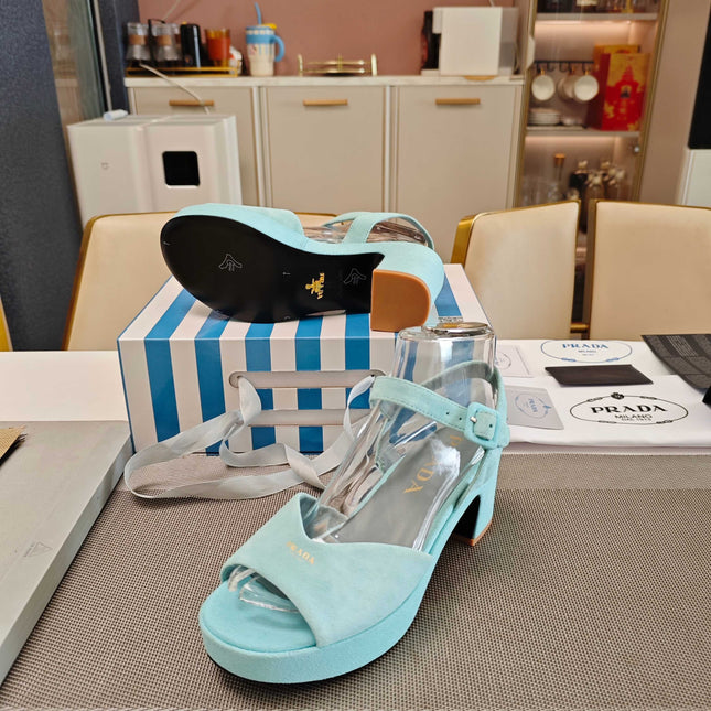 PRADA 26S HEELED SANDALS 65MM IN DUSTY TEAL BLUE SUEDE