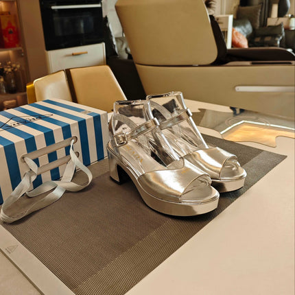 PRADA 26S HEELED SANDALS 65MM IN SILVER CALFSKIN