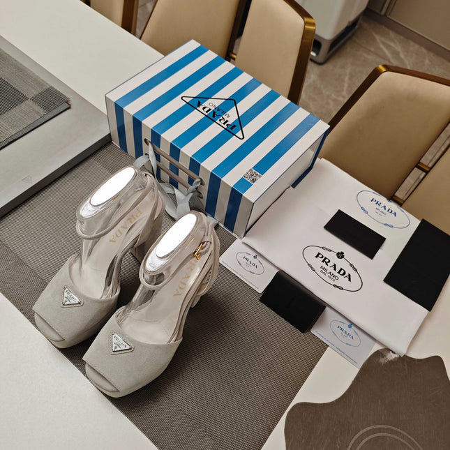 PRADA 26S HEELED SANDALS 135MM IN LIGHT GRAY SUEDE