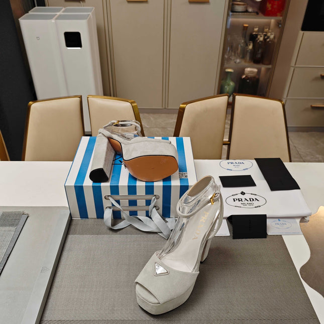 PRADA 26S HEELED SANDALS 135MM IN LIGHT GRAY SUEDE