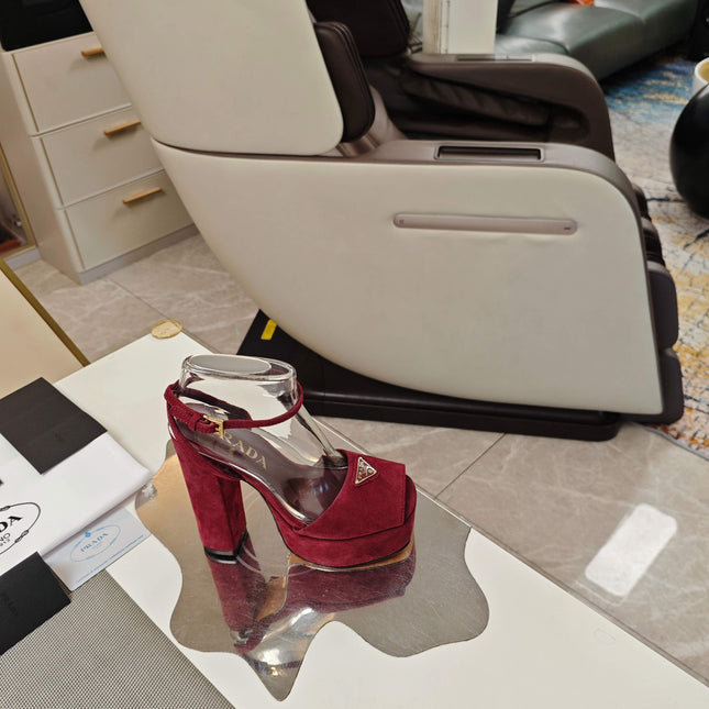 PRADA 26S HEELED SANDALS 135MM IN BURGUNDY RED SUEDE
