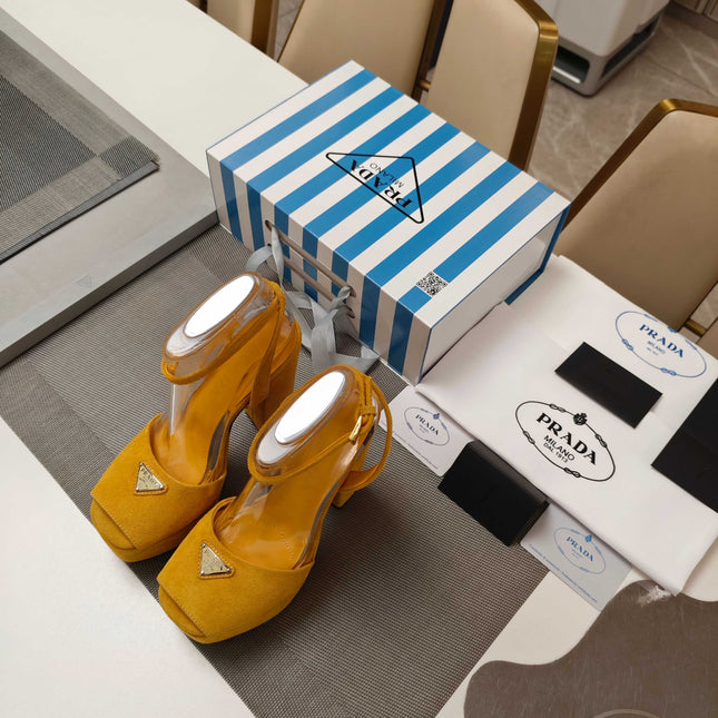 PRADA 26S HEELED SANDALS 135MM IN GOLDEN YELLOW SUEDE