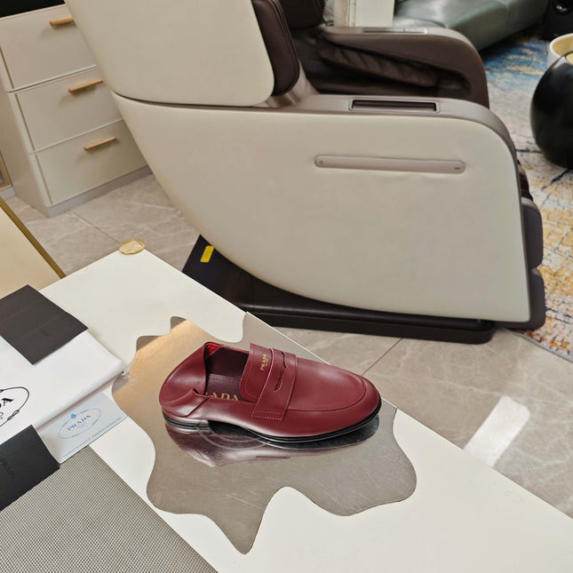 PRADA 26S LOAFERS 20MM IN BURGUNDY RED CALFSKIN