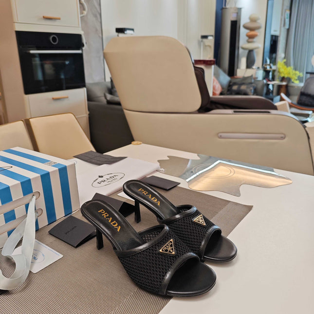 PRADA 26S MULE SANDALS 75MM IN BLACK CALFSKIN AND MESH GOLD HARDWARE