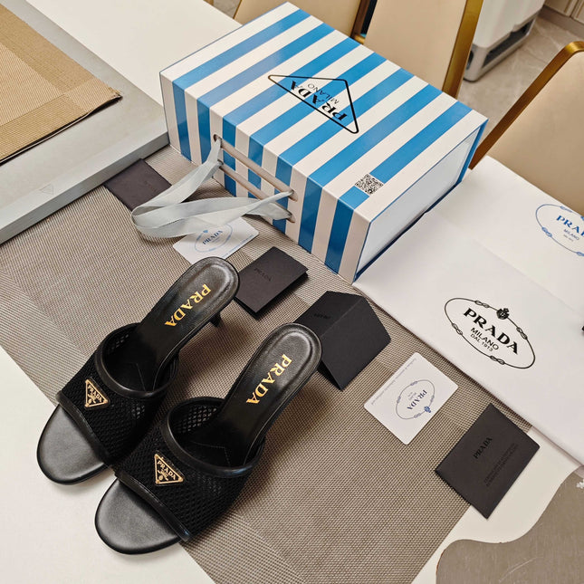 PRADA 26S MULE SANDALS 75MM IN BLACK CALFSKIN AND MESH GOLD HARDWARE