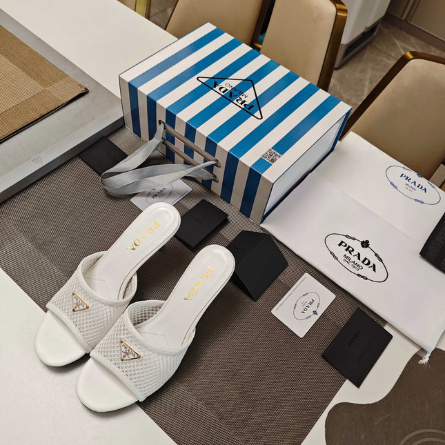 PRADA 26S MULE SANDALS 75MM IN WHITE CALFSKIN AND MESH GOLD HARDWARE