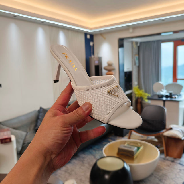 PRADA 26S MULE SANDALS 75MM IN WHITE CALFSKIN AND MESH GOLD HARDWARE